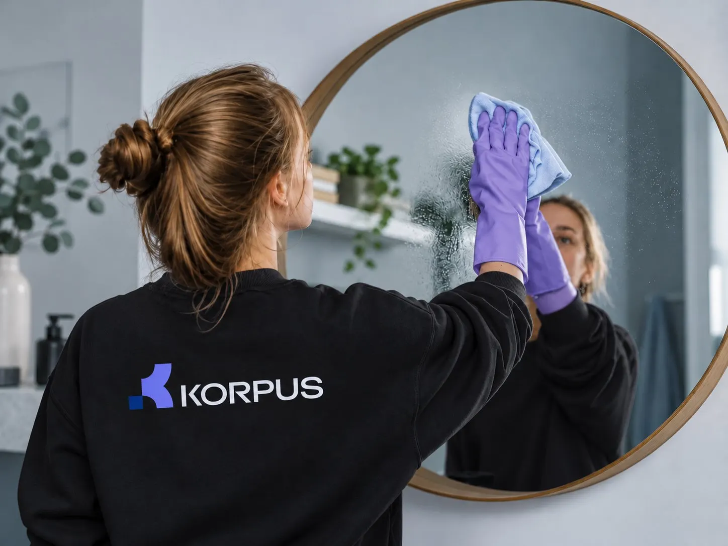 Generalinis valymas Kaune – KORPUS darbuotoja valo vonios veidrodį